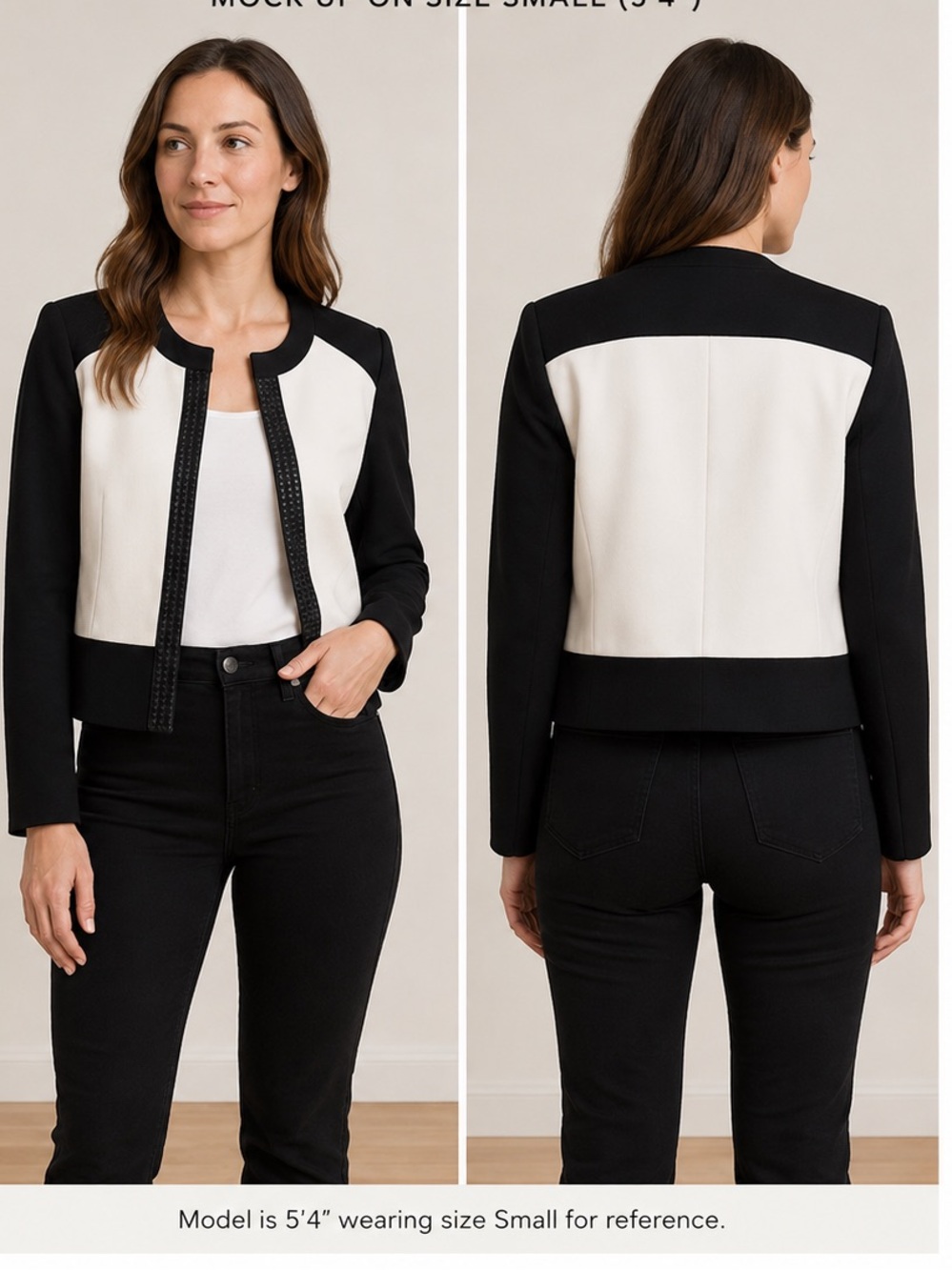 Tahari Cropped Black and White Open Front Colorblock Blazer